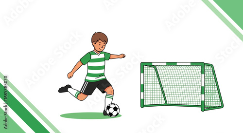 Illustration of a boy kicking a soccer ball towards a goal, emphasizing youthful energy and