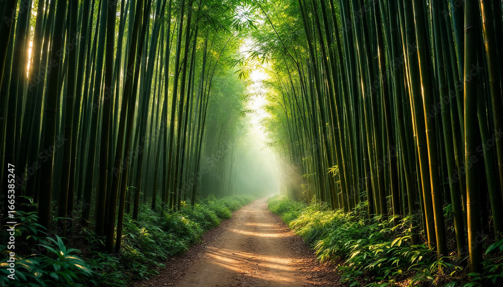 Fototapeta premium Misty bamboo forest with central path and soft filtered light