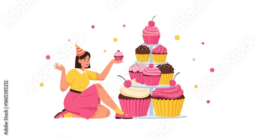 Festive celebration scene featuring a young woman with a tower of cupcakes for birthdays or sweet