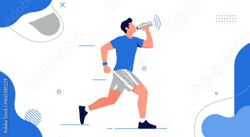 Illustration of a man jogging while drinking water promoting hydration and healthy lifestyle