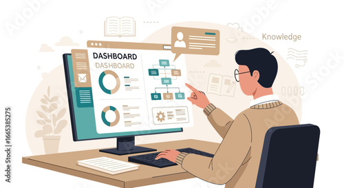 Illustration of a professional analyzing data on a dashboard for business insights and strategic