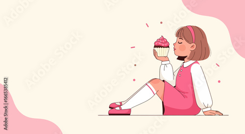 Illustration of a young girl smelling a cupcake with pink frosting and sprinkles