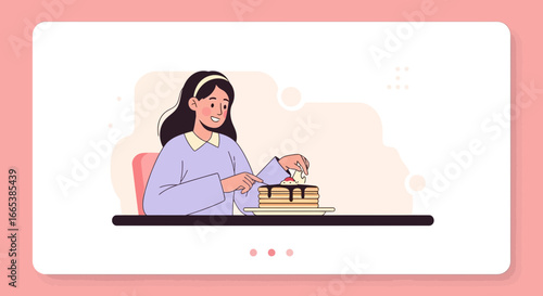 Illustration of a young woman enjoying pancakes with chocolate syrup and toppings delighting in
