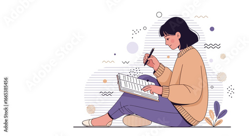 Illustration of a young woman sitting on the floor and writing or drawing in a notebook expressing