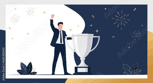 Illustration showcasing triumphant businessman celebrating success with trophy