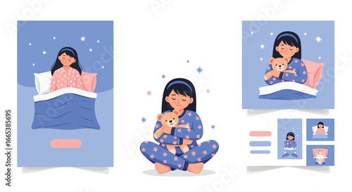 Illustrations showcase a young girl's bedtime routine and sleeping patterns in a playful style