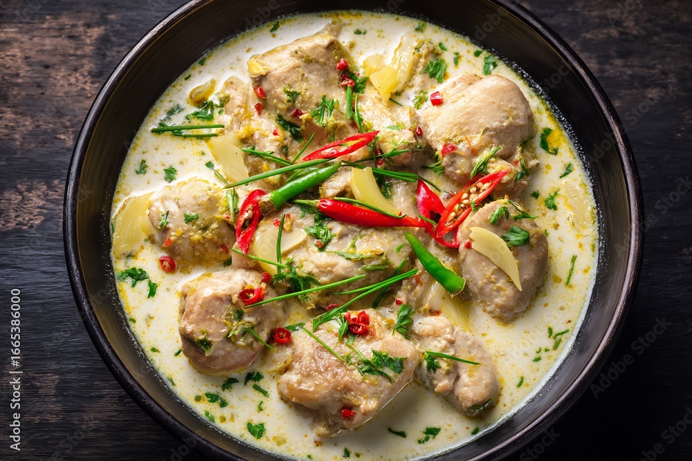 Pakistani chicken white karahi creamy yogurt sauce garnished with ginger and chilies traditional South Asian cuisine stock photography