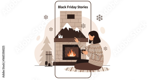 Illustration of a cozy winter scene with a woman by the fireplace for Black Friday social media