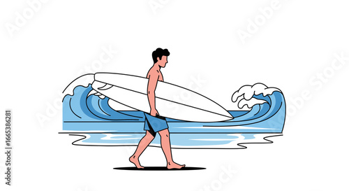 Illustration of a surfer carrying his surfboard on a beach with ocean waves minimal design