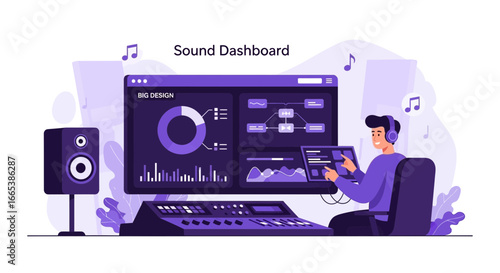 Illustration of a sound dashboard with audio equipment and a music creator