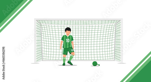 Illustration of a soccer player in green uniform ready to kick the ball near the goalpost