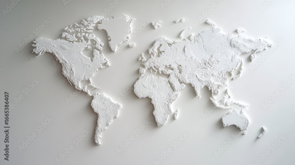 Obraz premium Textured white relief map of the world on a light gray background