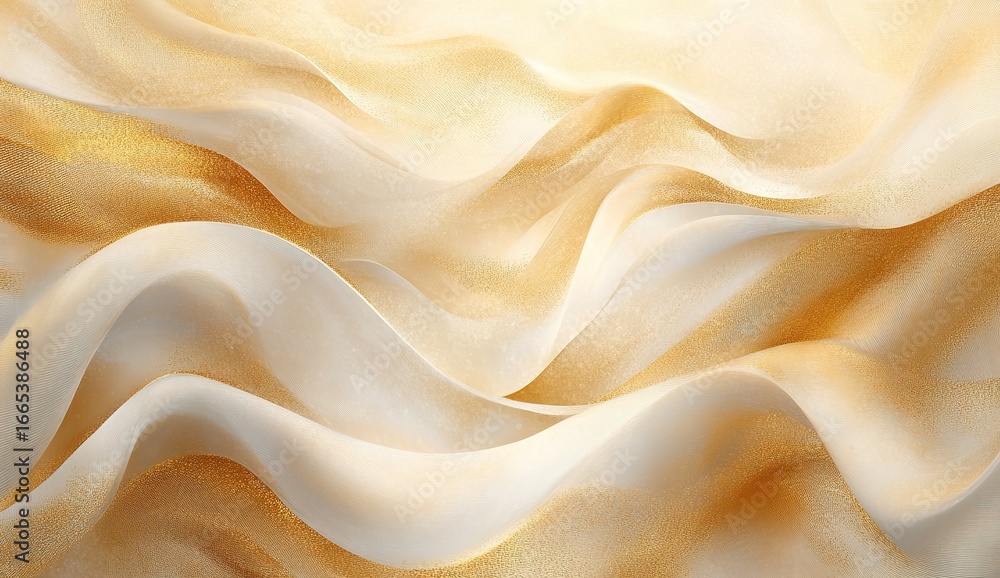 Fototapeta premium Abstract background with golden waves of satin fabric, a luxury design element for a banner or poster. Abstract, elegant wallpaper with gold wavy lines. Vector illustration. White and beige color