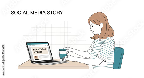Illustration of a young woman using a laptop to browse Black Friday social media