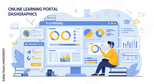 Illustration of an engaging online learning portal with interactive dashboards and a student