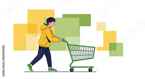 Illustration showcasing a person with a shopping cart for online retail design