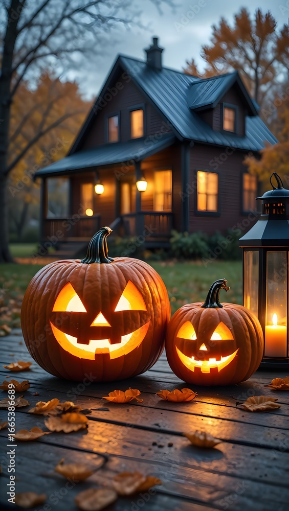 Obraz premium Glowing Carved Pumpkins on Misty Walkway Near Cabin
