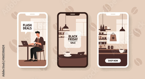 Online coffee shop promotional event on mobile devices features flash deals and black friday sale