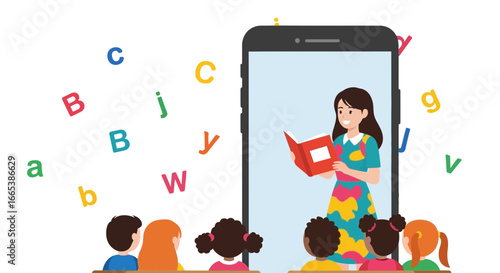 Online educational program featuring teacher reading to children from smartphone
