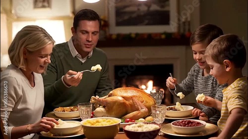 A Family enjoying a Thanksgiving dinner.