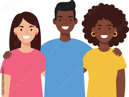 Diverse group of cheerful friends smiling together in colorful casual clothing vector illustration 