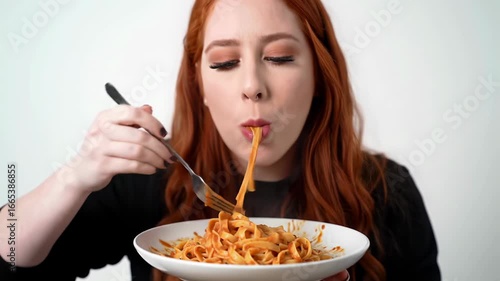 Woman enjoys a large bowl of delicious pasta with red sauce in cozy setting while dining