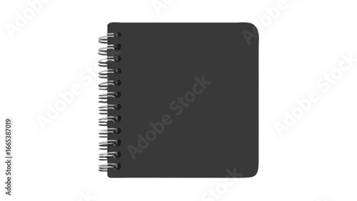 A simple square notebook with a dark grey cover and a silver spiral binding on the left side is shown