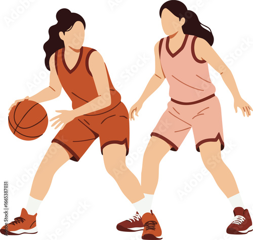 Women basketball players dribbling and defending in sports game vector illustration 