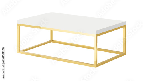 A minimalist coffee table featuring a white rectangular top and a gold colored metal frame design element