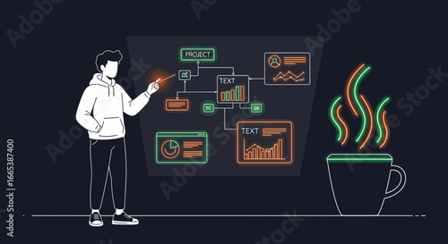 Man presenting project data visualization and growth chart with coffee nearby graphic background