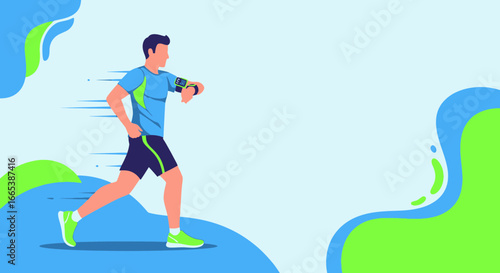 Man running with smartwatch tracking fitness on abstract background vector illustration