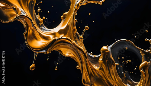 High-speed shot of a splash of gold or bronze liquid paint frozen in dynamic motion against a solid black background.