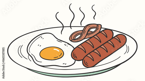 A cartoon breakfast plate featuring a fried egg bacon and sausages served hot with steam rising up above it