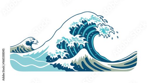 Illustration of a large ocean wave with smaller wave in the background on a white background