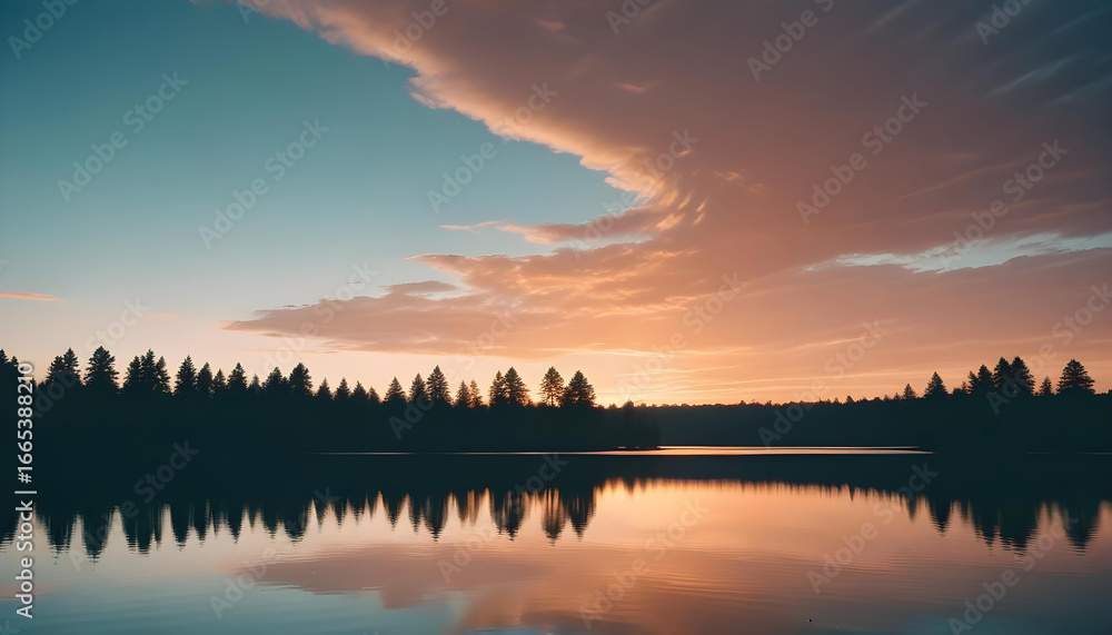Fototapeta premium A serene sunset landscape: the silhouette of a pine forest reflects in the smooth water of a lake, and the sky is painted in soft hues of orange, pink, and teal.