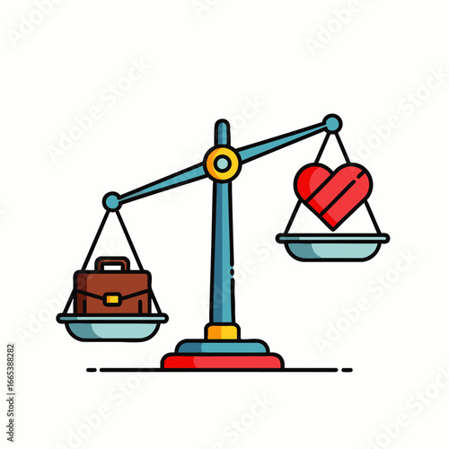 A compelling illustration features a balance scale where a briefcase outweighs a heart, symbolizing the vital modern challenge of work-life imbalance.