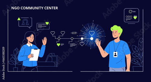 NGO community center illustration showcasing volunteerism and community engagement online