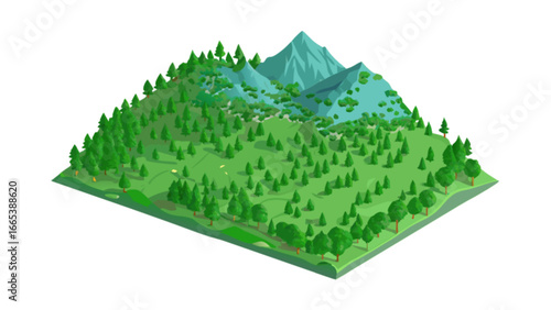 Isometric view of a mountain landscape with dense forest and a golf course on a sunny day scene