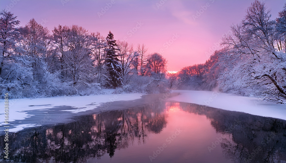 Naklejka premium Panoramic russian winter landscape with forest beautiful frozen river at sunset scenery with winter trees water and blue sky at twilight frosty snowy river snow 