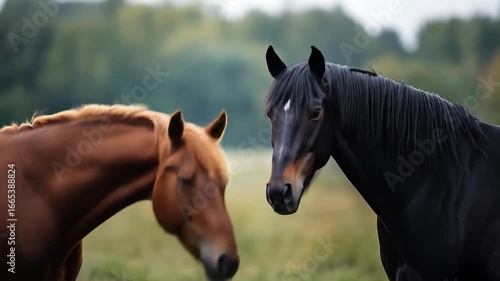 Two horses, chestnut and black, nuzzle each other in a field.  The background is softly blurred, showcasing a tranquil outdoor setting