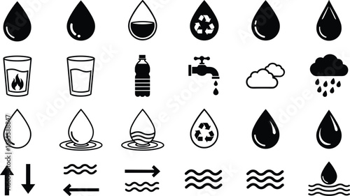 Water conservation icons set, droplet faucet bottle cloud arrows, black white vector, environment symbols, sustainability design, minimal style