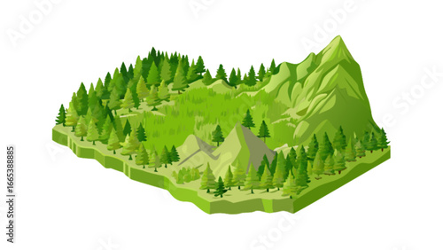 Isometric landscape featuring a mountain range and dense forest with vibrant green vegetation