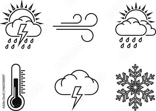 Weather icons set, thunderstorm rain wind snow temperature, black white vector, climate symbols, forecast design, minimal style, graphic element