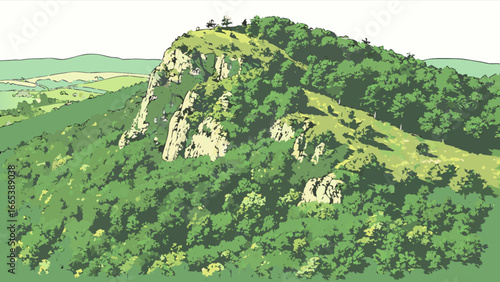 A view of a green mountain covered in trees and grass with a rocky outcrop on a sunny day landscape