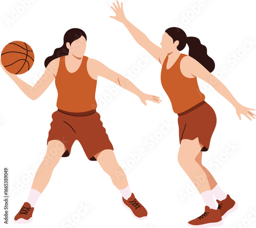 Female basketball players competing in active game with ball in hand natural vector illustration 