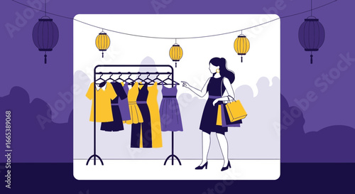 Stylish shopping spree illustration depicting a woman choosing a dress from a rack surrounded by