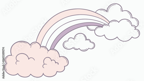 Pastel rainbow with three bands arching between fluffy clouds on a white background design element
