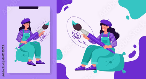 Stylish Artist with Oversized Brush Creates Art in App, Ideal for Design Content