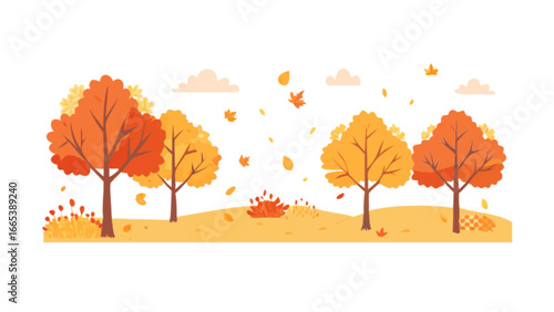 Illustration of autumn landscape with trees and falling leaves on a white background scene design