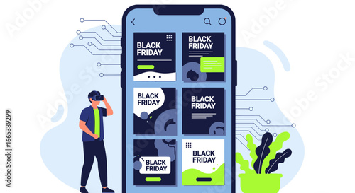 Virtual reality shopping experience for Black Friday deals on a mobile phone interface